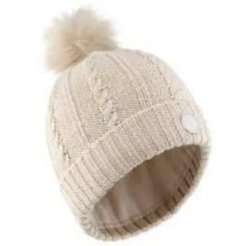 WOMENS CABLE-KNIT FUR WOOL SKI HAT BEIGE 